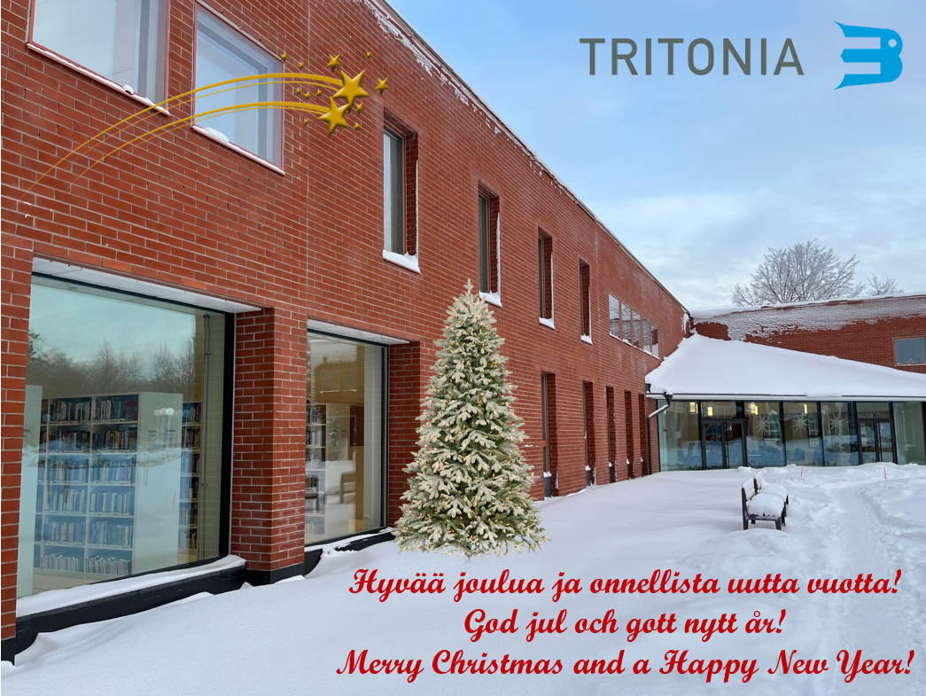 Christmas card. Tritonia in winterlandscape and christmas greetings, merry christmas and a happy new year